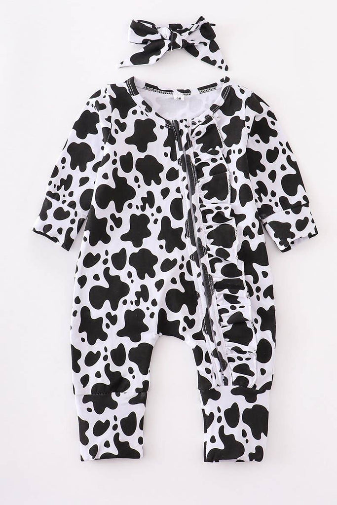 Baby Romper - Cow print zip ruffle baby romper - DBC Boutique