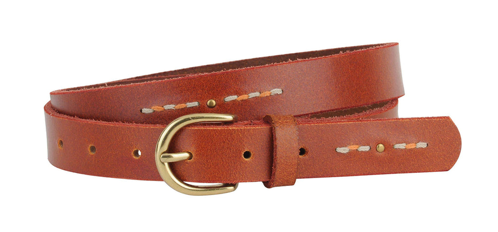 Leather Belt - Studded and Stitched Skinny Leather Belt - DBC Boutique