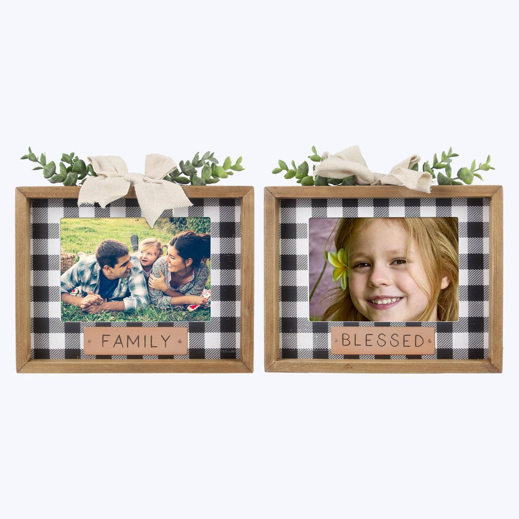 Home Decor - Wood Framed Photo Frame with Greenery and Metal Tag, Black and White Buffalo Plaid, Natural - DBC Boutique