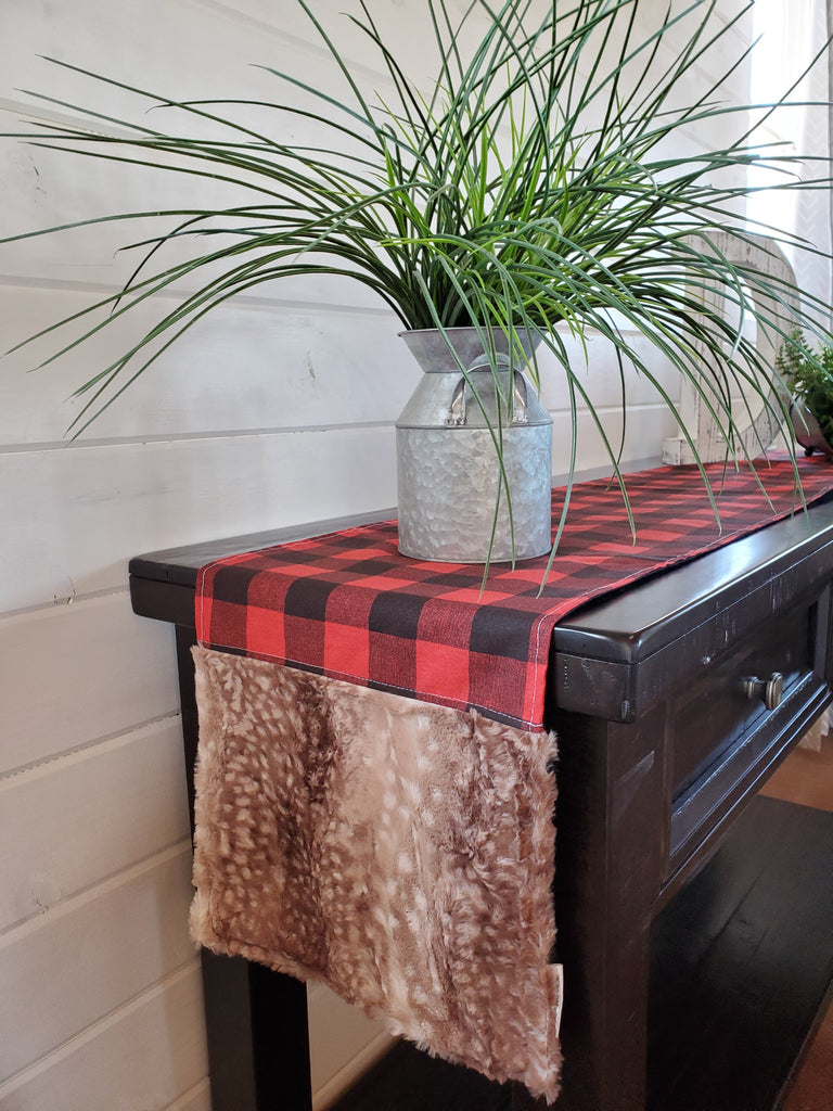 Home Decor - Table Runner - Red Black Check with Fawn Minky decorative ends - DBC Boutique