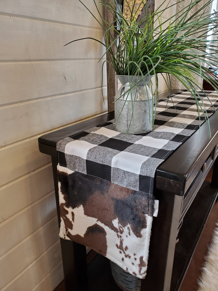 Home Decor- Table Runner -Black White Check with Cow Minky decorative ends - DBC Boutique