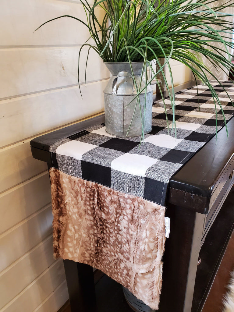 Home Decor- Table Runner -Black White Check with Fawn Minky decorative ends - DBC Boutique