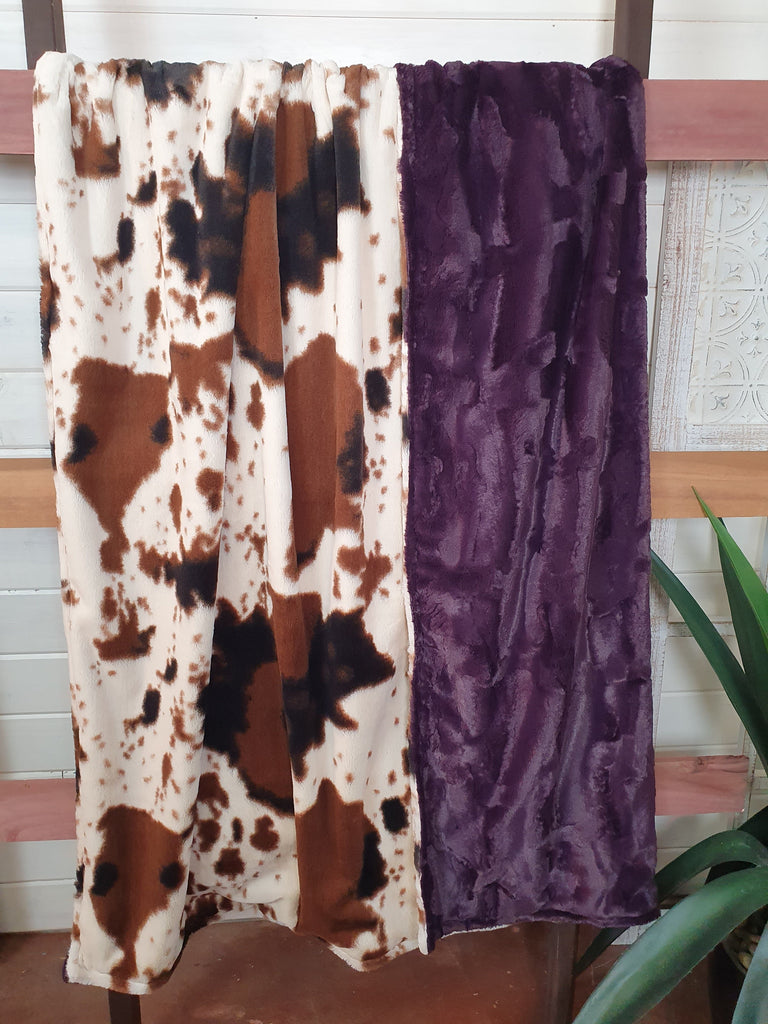 Oversized Adult Minky Blanket - Cow Minky and Plum Hide Minky - DBC Boutique