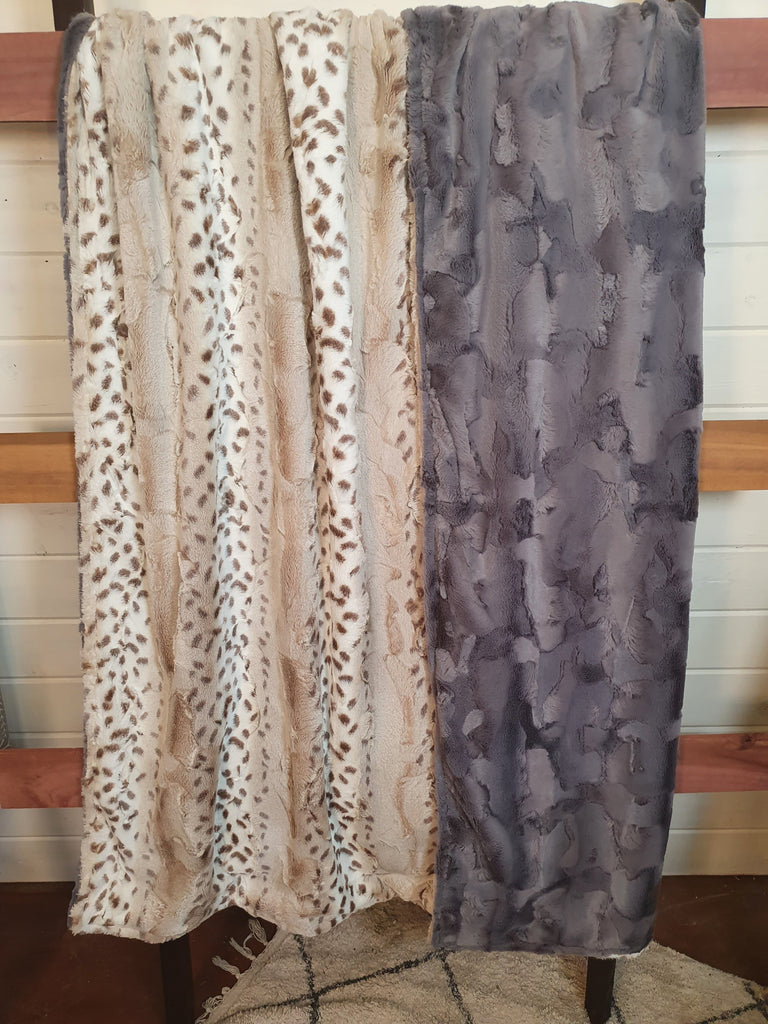 Oversized Adult Minky Blanket - Lynx Minky and Gray Hide Minky - DBC Boutique