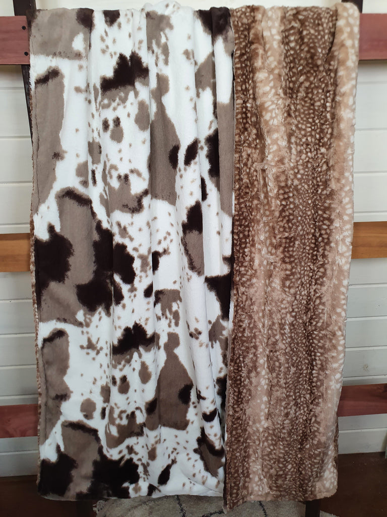 Oversized Adult Minky Blanket - Fawn Minky and Brown Sugar Cow Minky - DBC Boutique