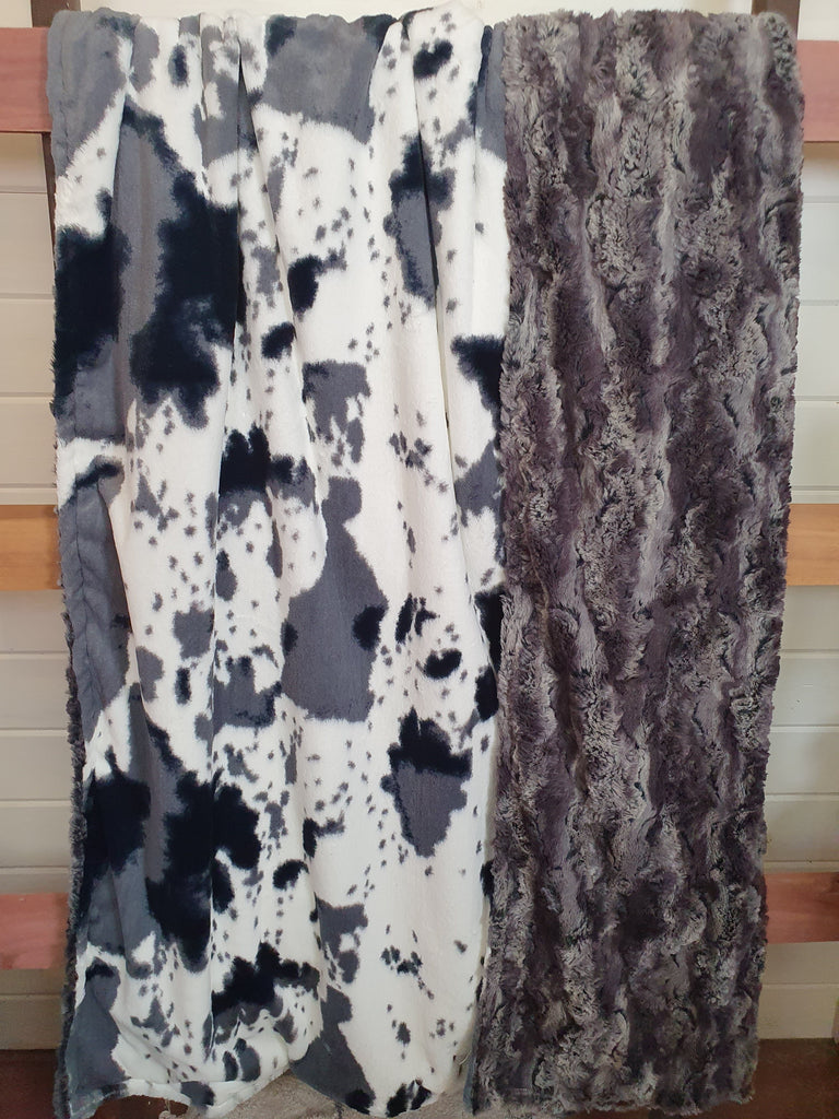 Oversized Adult Minky Blanket - Storm Cow and Gray Wild Rabbit Minky - DBC Boutique