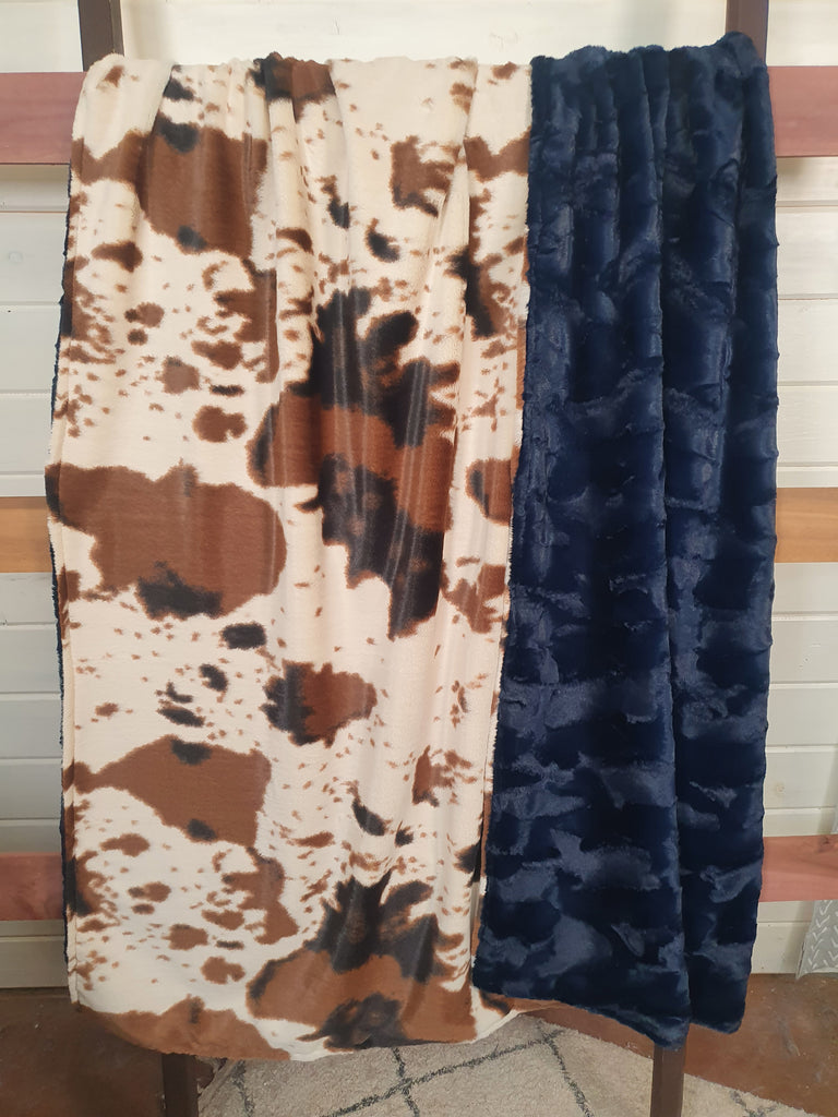 Oversized Adult Minky Blanket - Cow Minky and Navy Hide Minky - DBC Boutique