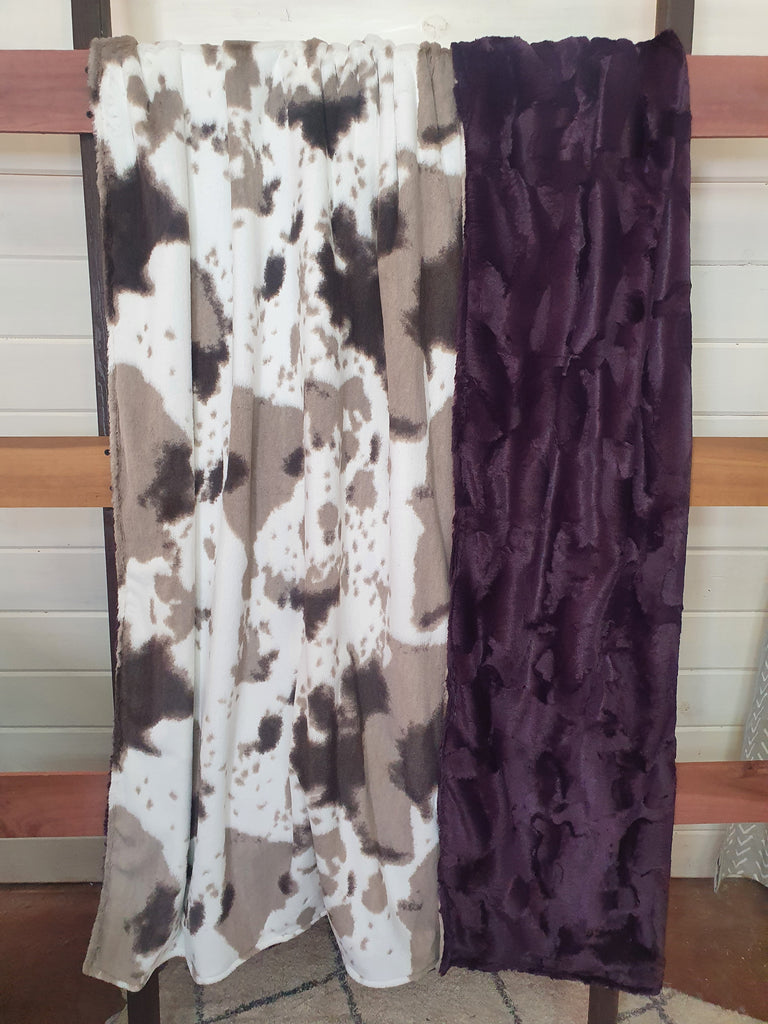Oversized Adult Minky Blanket - Brown Sugar Cow Minky and Plum Hide Minky - DBC Boutique