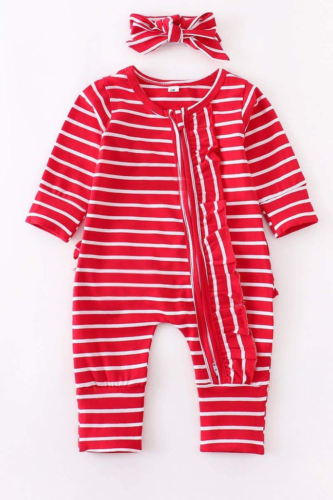 Baby Romper - Red stripe zip ruffle baby romper - DBC Boutique