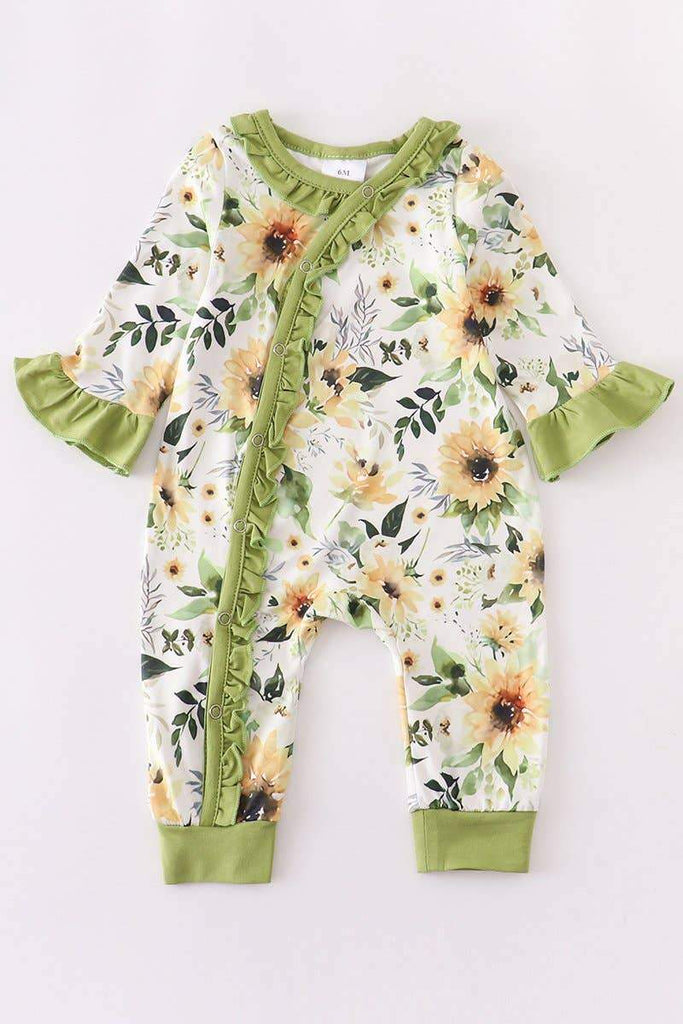 Baby Romper - Green floral ruffle baby romper - DBC Boutique