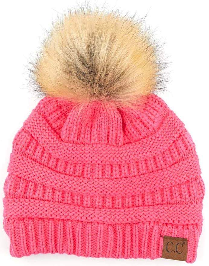 Hat - C.C Candy Pink Beanie w/Fur Pom - DBC Boutique