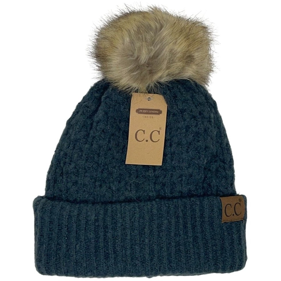 Hat - C.C. Solid Smock Stitch Fur Pom Beanie - DBC Boutique