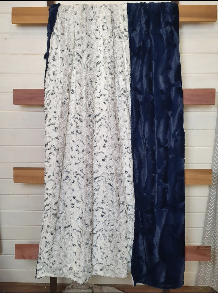 Twin, Full, Queen, and King Minky Blanket - Snowy Owl Minky and Navy Hide Minky - DBC Boutique