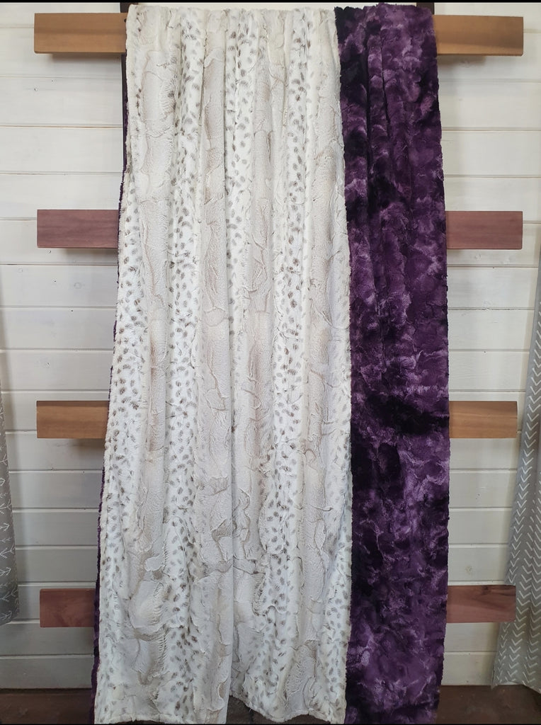 Twin, Full, Queen, and King Minky Blanket - Snow Leopard Minky and Plum Galaxy Minky - DBC Boutique