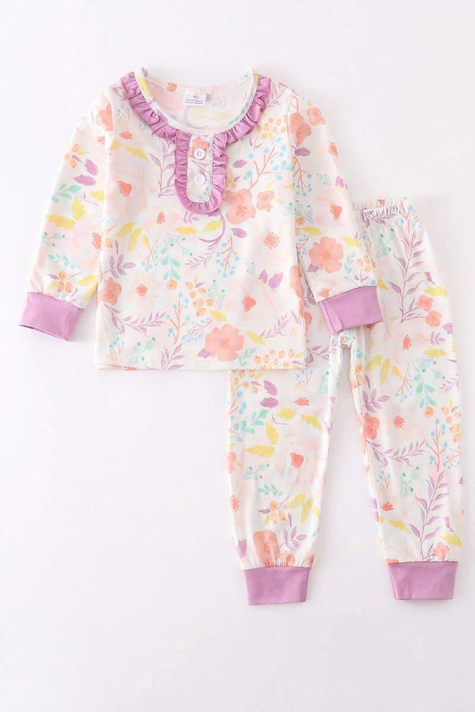 Pajamas - Lilac floral ruffle lounge set - DBC Boutique