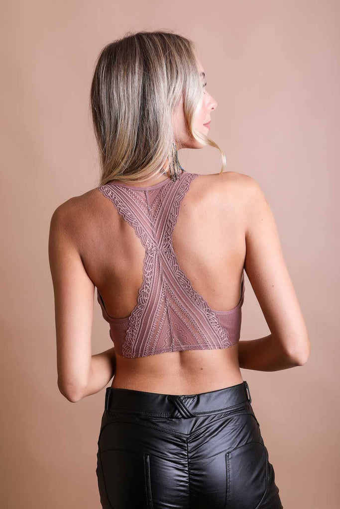Bralette - Seamless Front Lace Racerback Bralette in dusty rose - DBC Boutique