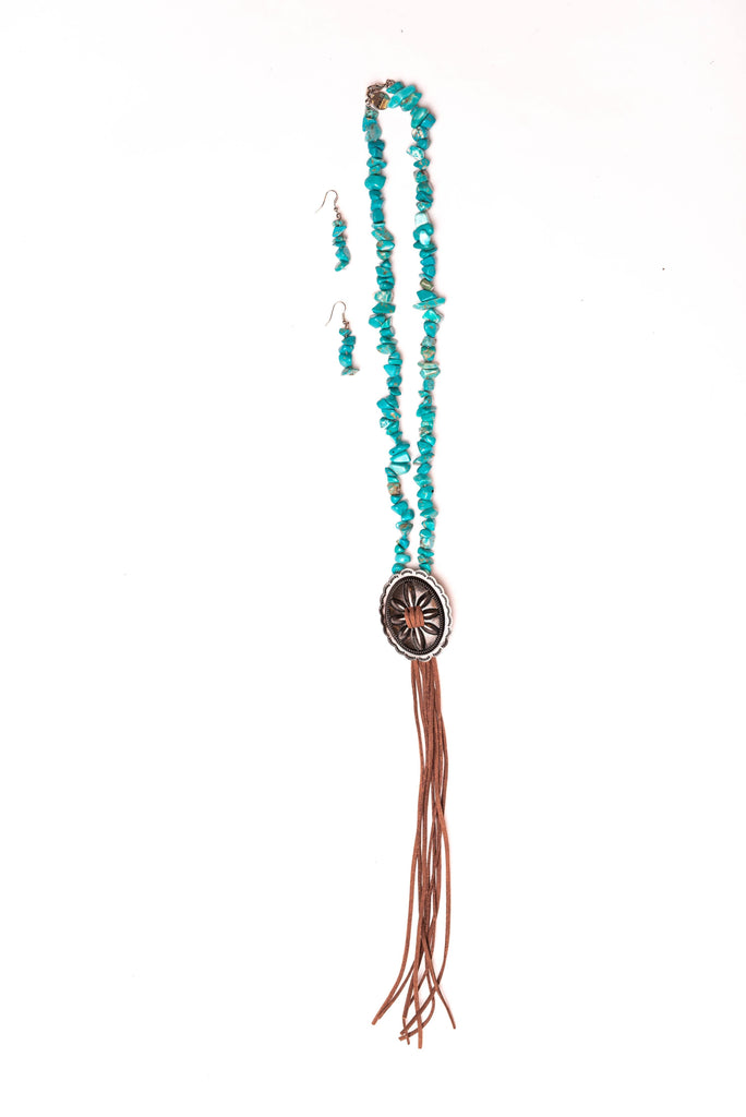 West & Co. Turq Stone Necklace w/ Silver Concho & Brown Leather - DBC Boutique