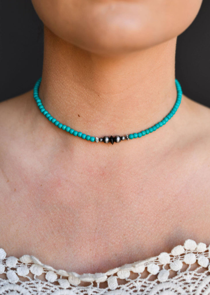 West & Co. 15" Green Turquoise Stretch Choker Necklace With Faux Navajo Pearl Accents - DBC Boutique
