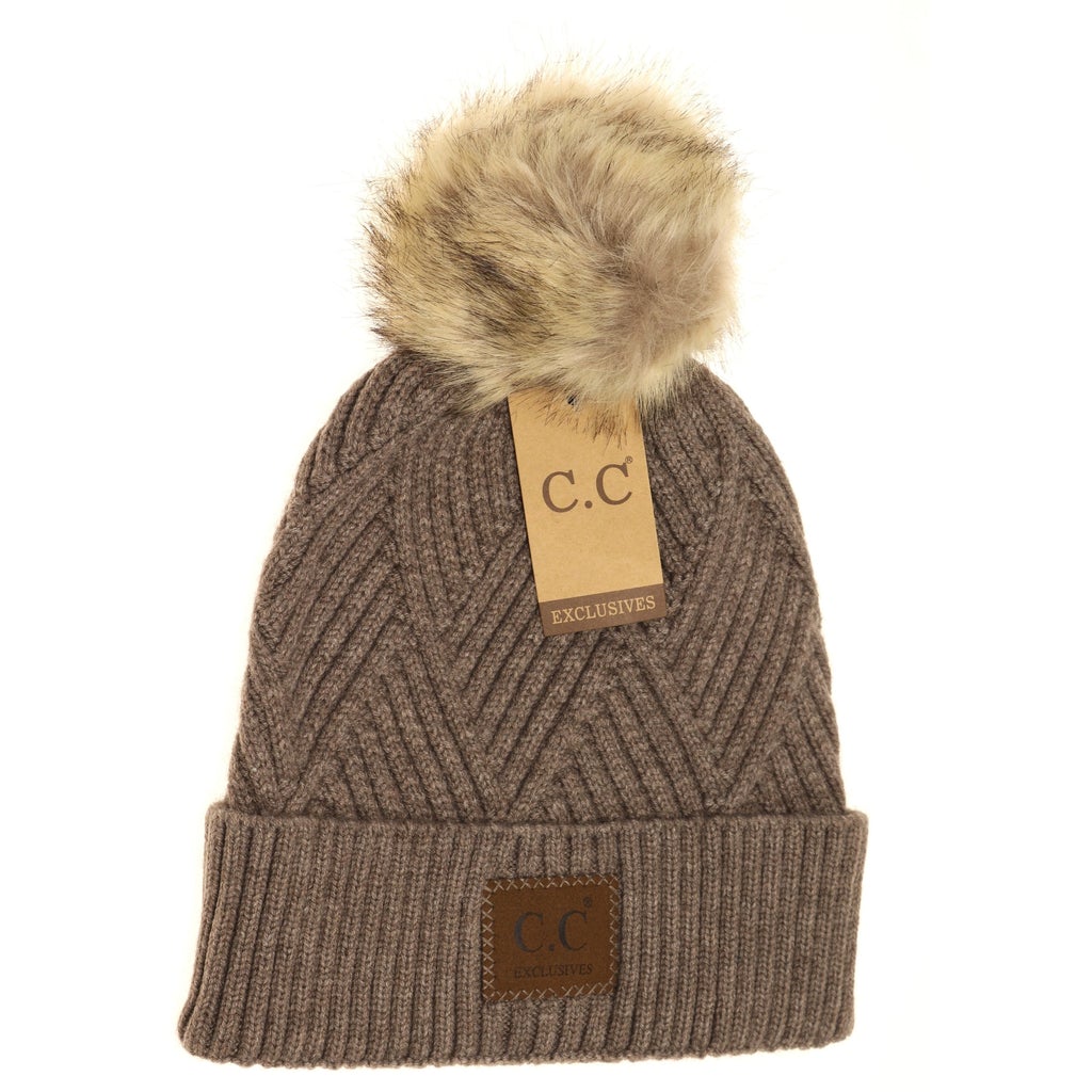 Hat - C.C. Diagonal Stitched Faux Fur Pom Beanie - DBC Boutique