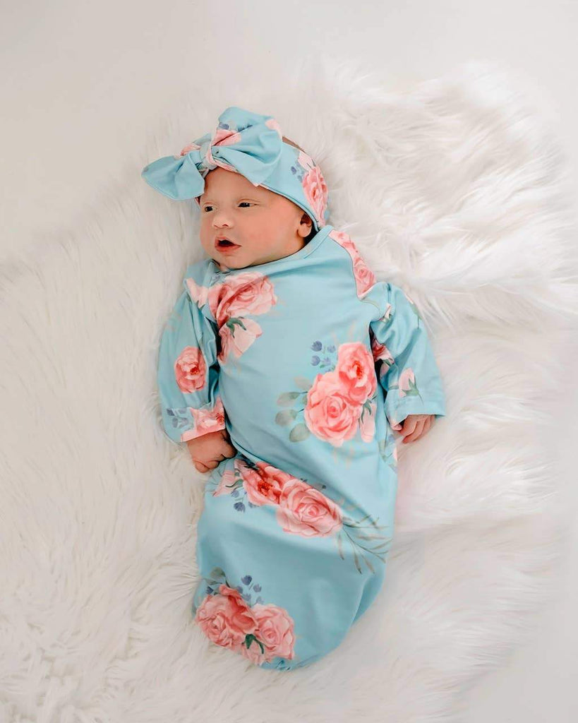 Teal Peach Baby Gown and Bow Headband - DBC Boutique
