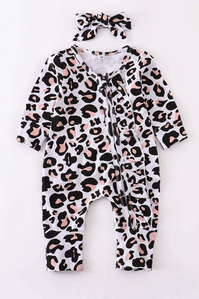 Baby Romper - Leopard print zip ruffle baby romper - DBC Boutique